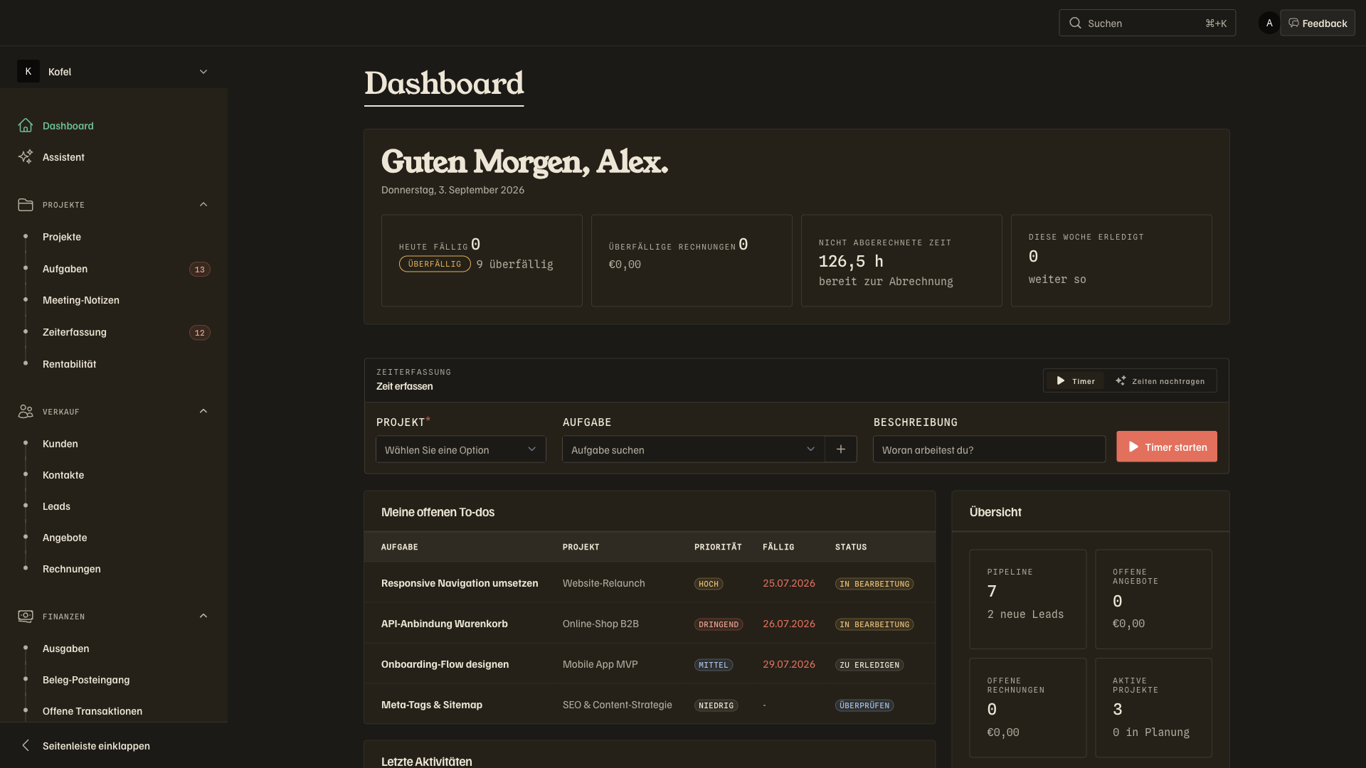 kofel studio Dashboard mit Zeiterfassung, letzten Aktivitäten und Übersicht